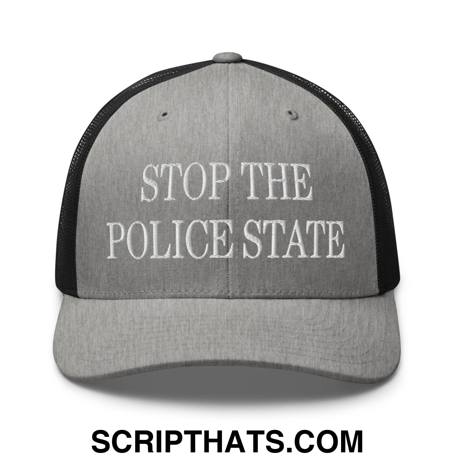 Stop The Police State Embroidered Mesh Trucker Hat Heather Black