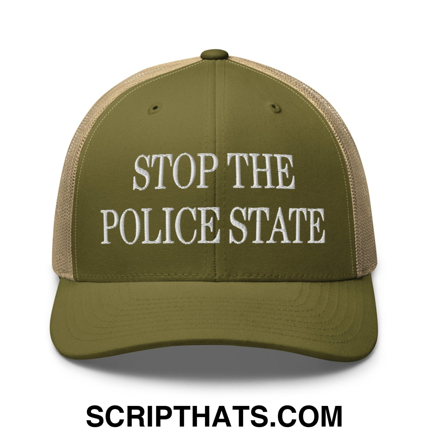 Stop The Police State Embroidered Mesh Trucker Hat Moss Khaki