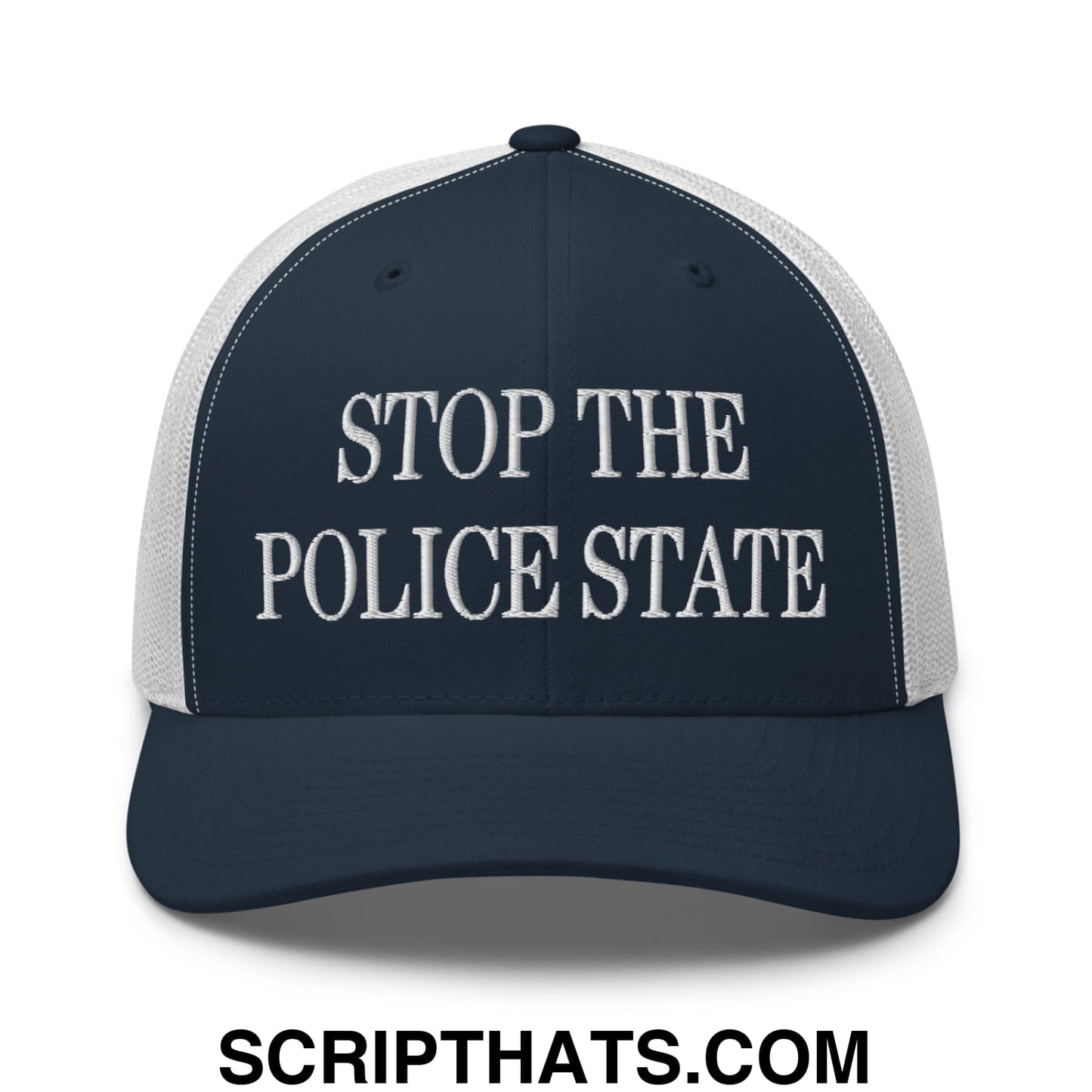 Stop The Police State Embroidered Mesh Trucker Hat Navy White