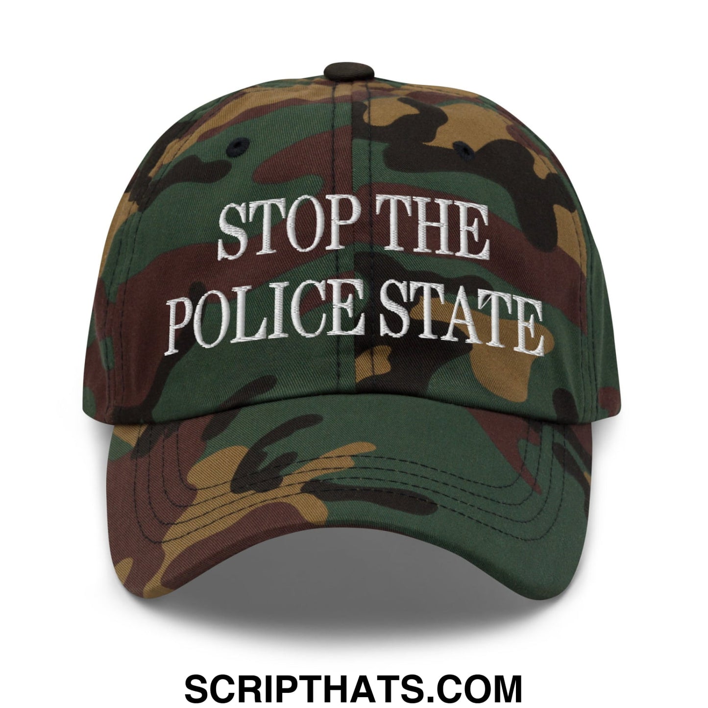 A camouflage unstructured dad hat with white embroidered text reading stop the police state
