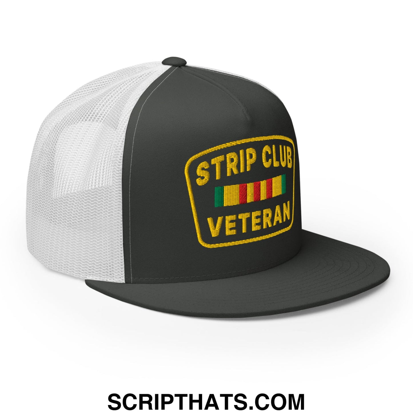 Strip Club Veteran Embroidered Flat Bill Brim Mesh Trucker Hat Charcoal White