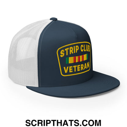 Strip Club Veteran Embroidered Flat Bill Brim Mesh Trucker Hat Navy White