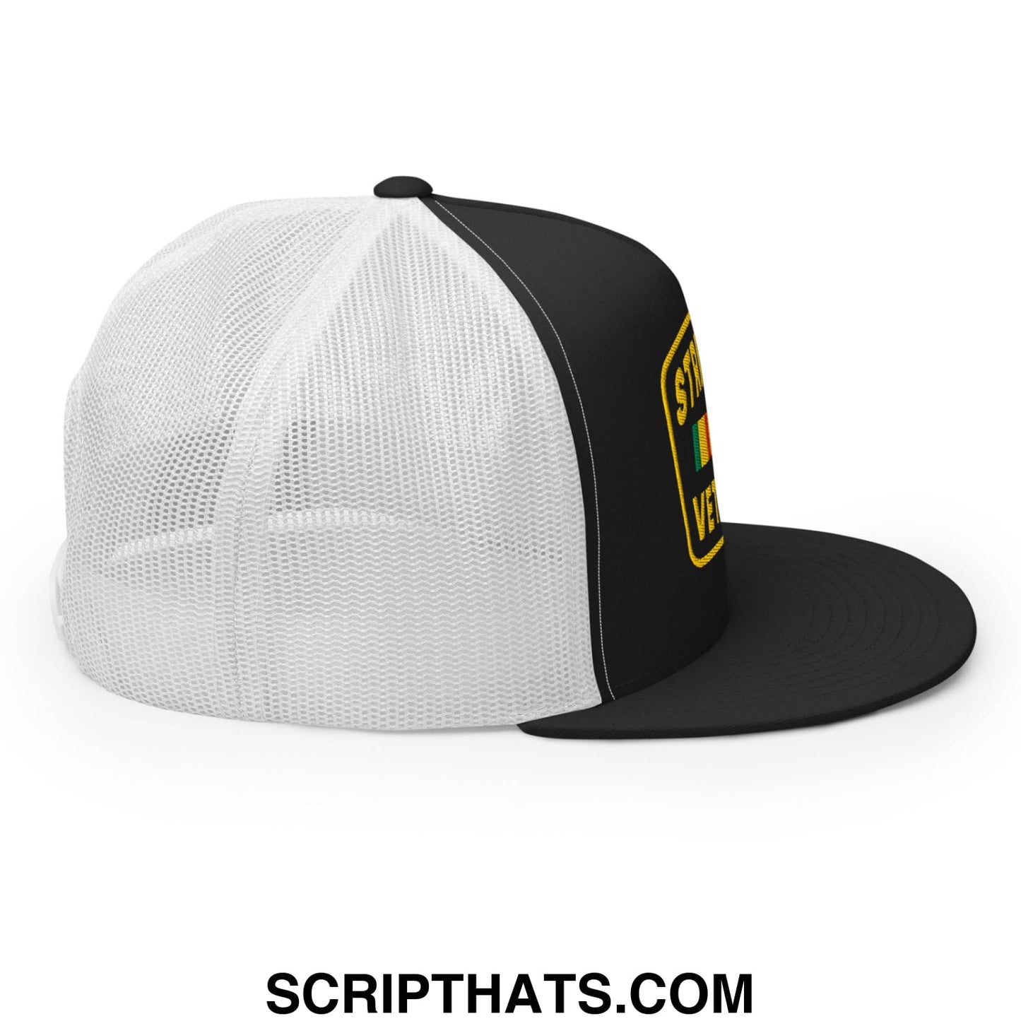 Strip Club Veteran Embroidered Flat Bill Brim Mesh Trucker Hat Black White