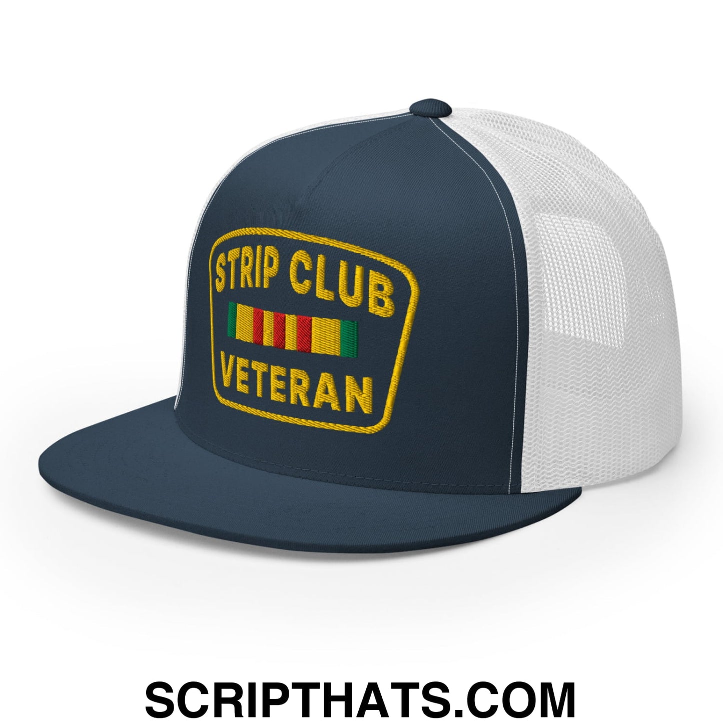 Strip Club Veteran Embroidered Flat Bill Brim Mesh Trucker Hat Navy White