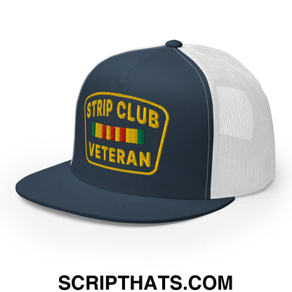 Strip Club Veteran Embroidered Flat Bill Brim Mesh Trucker Hat Navy White