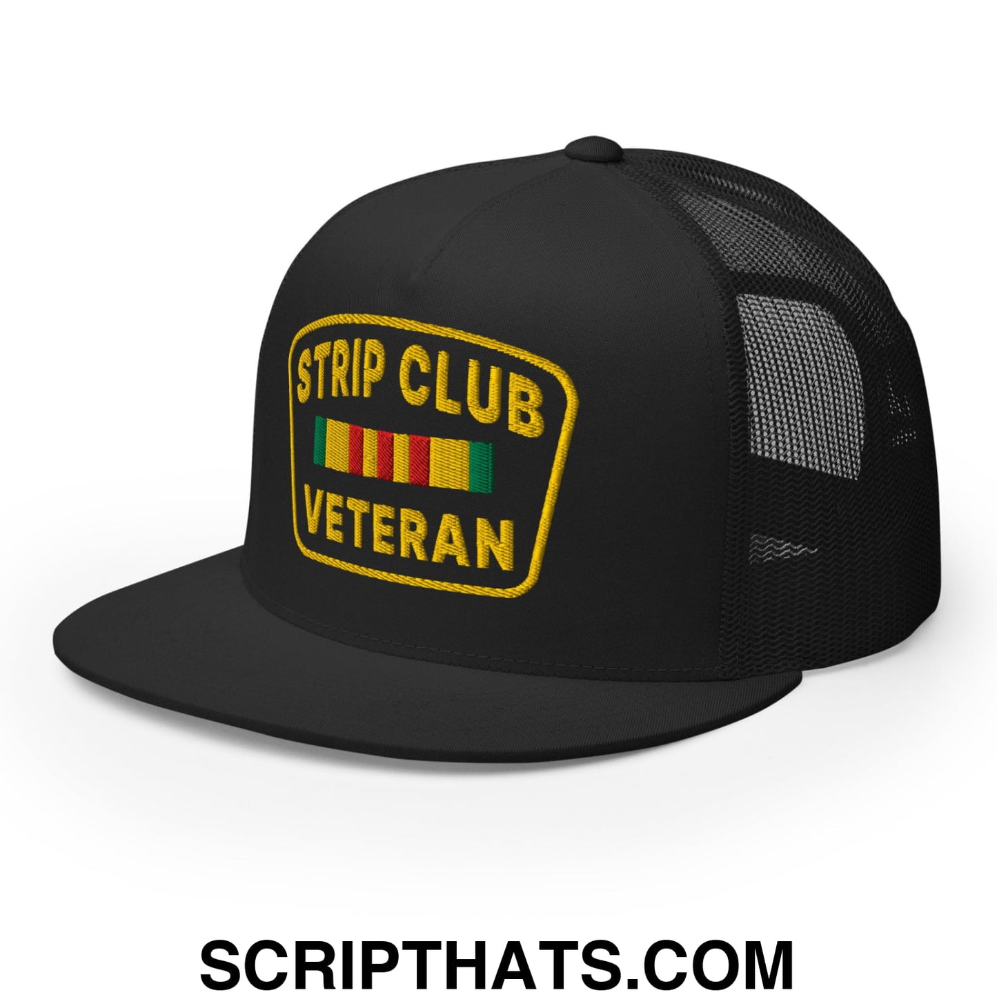 Strip Club Veteran Embroidered Flat Bill Brim Mesh Trucker Hat Black