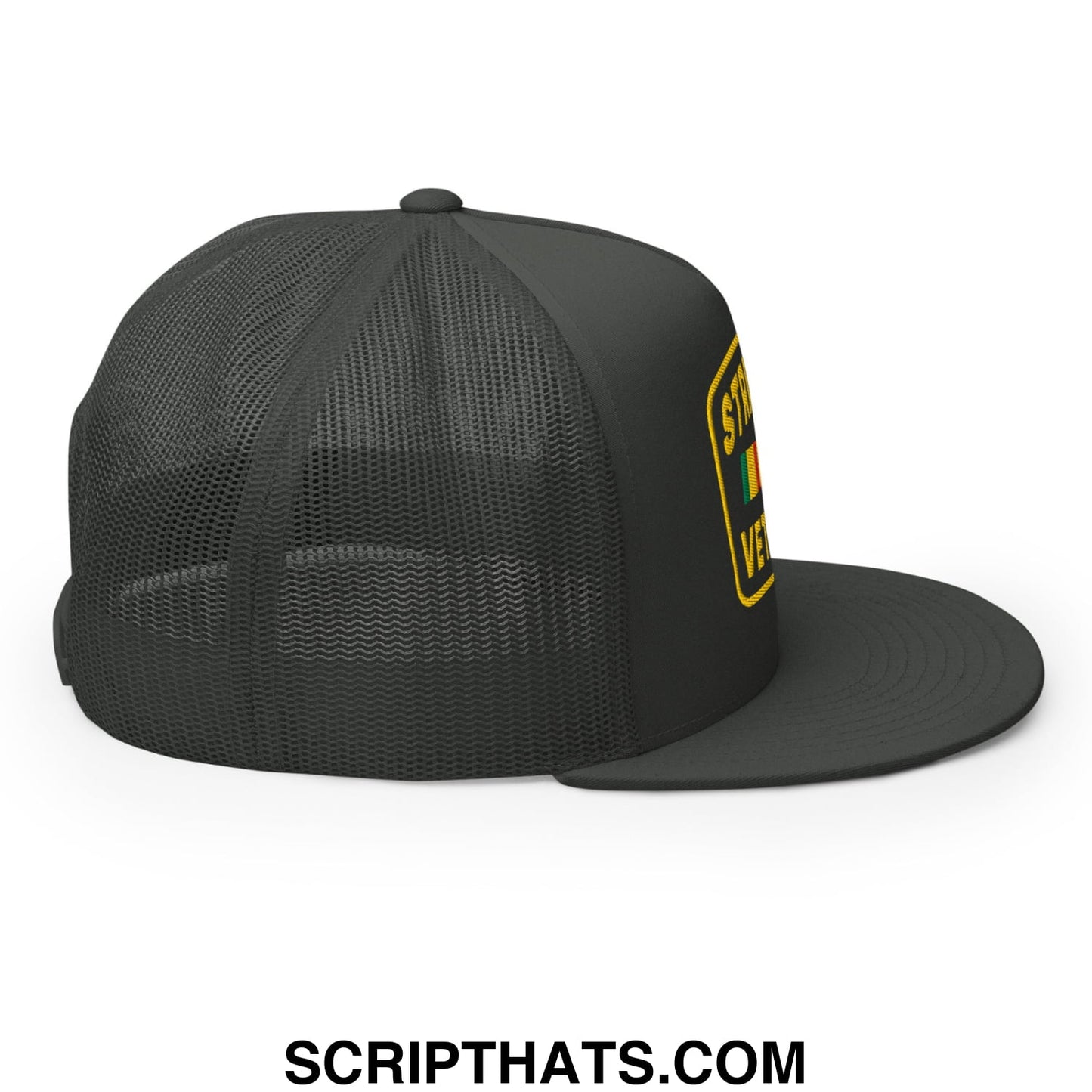 Strip Club Veteran Embroidered Flat Bill Brim Mesh Trucker Hat Charcoal