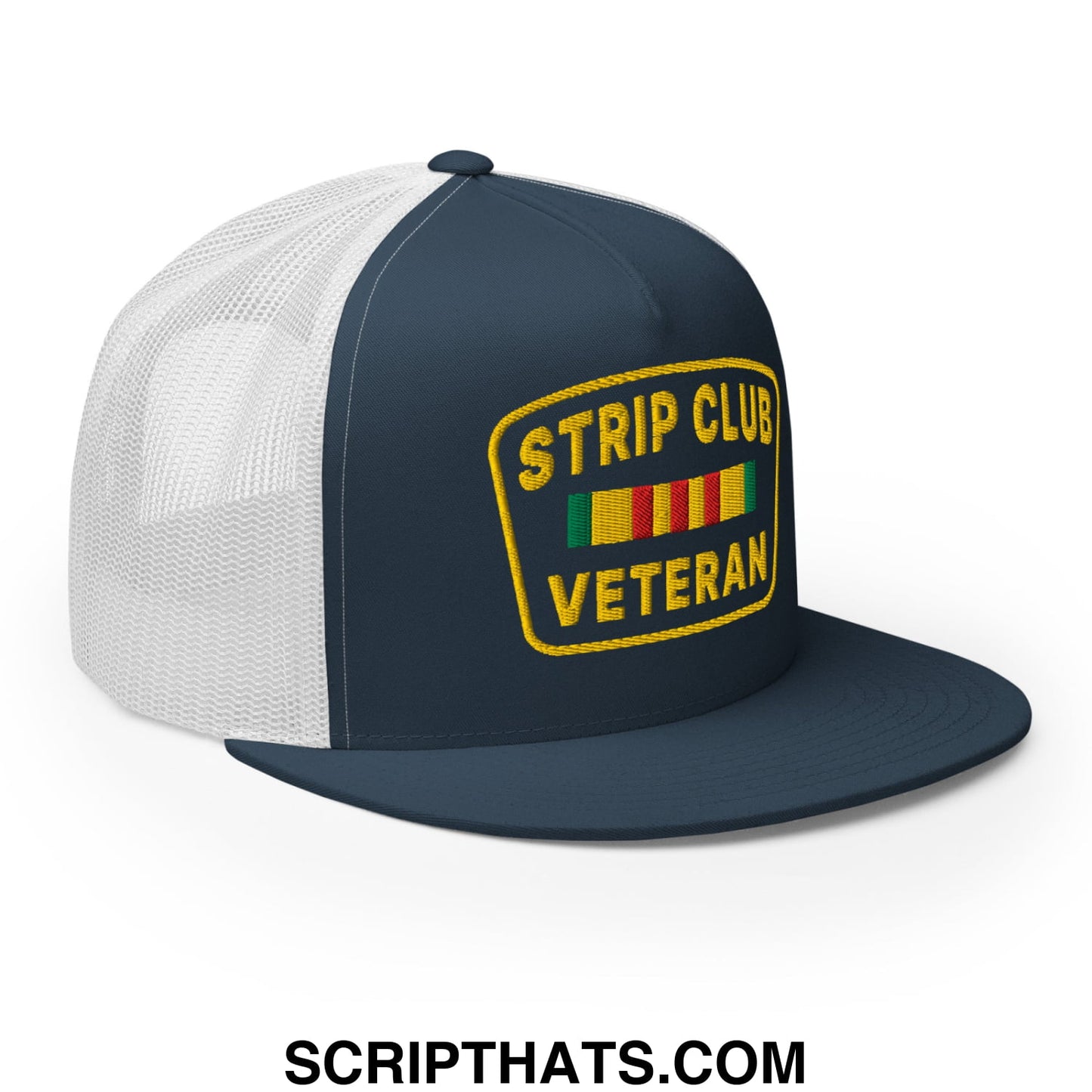 Strip Club Veteran Embroidered Flat Bill Brim Mesh Trucker Hat Navy White