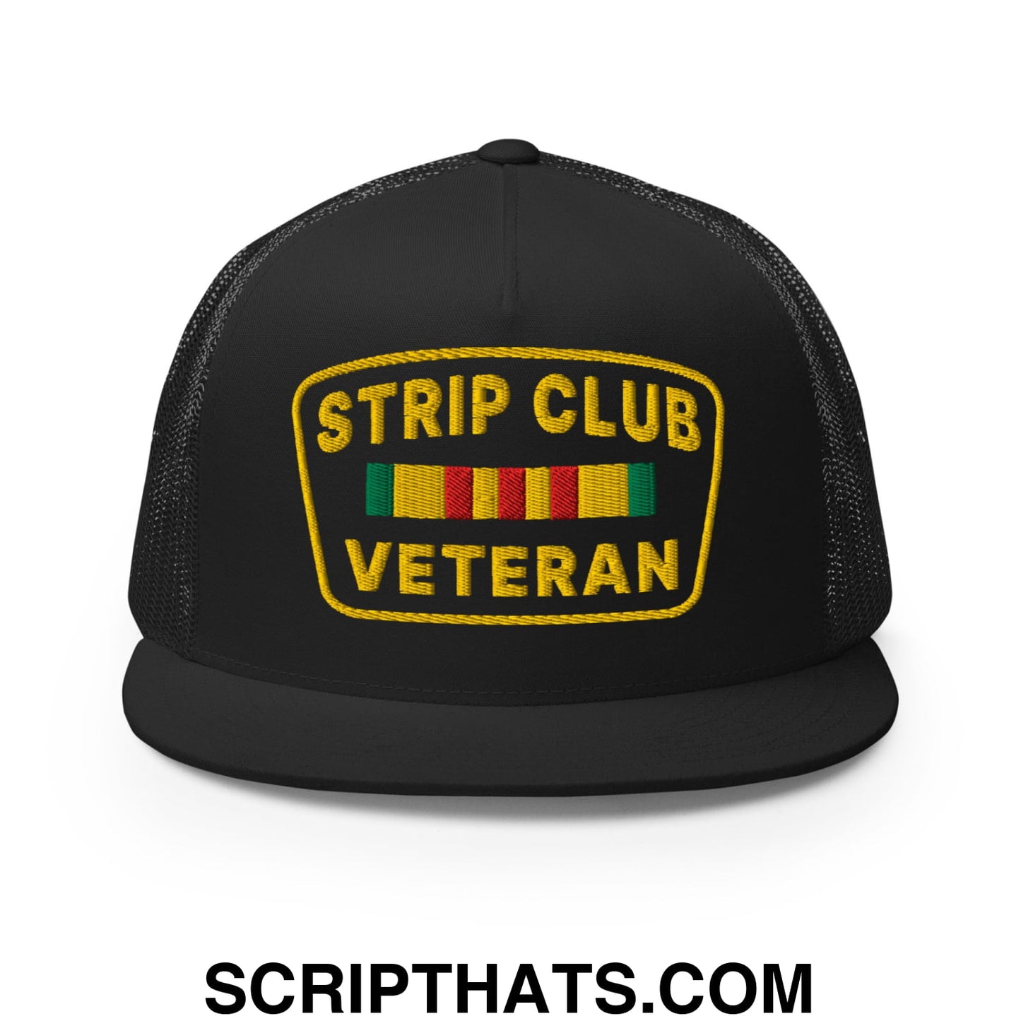 Strip Club Veteran Embroidered Flat Bill Brim Mesh Trucker Hat Black