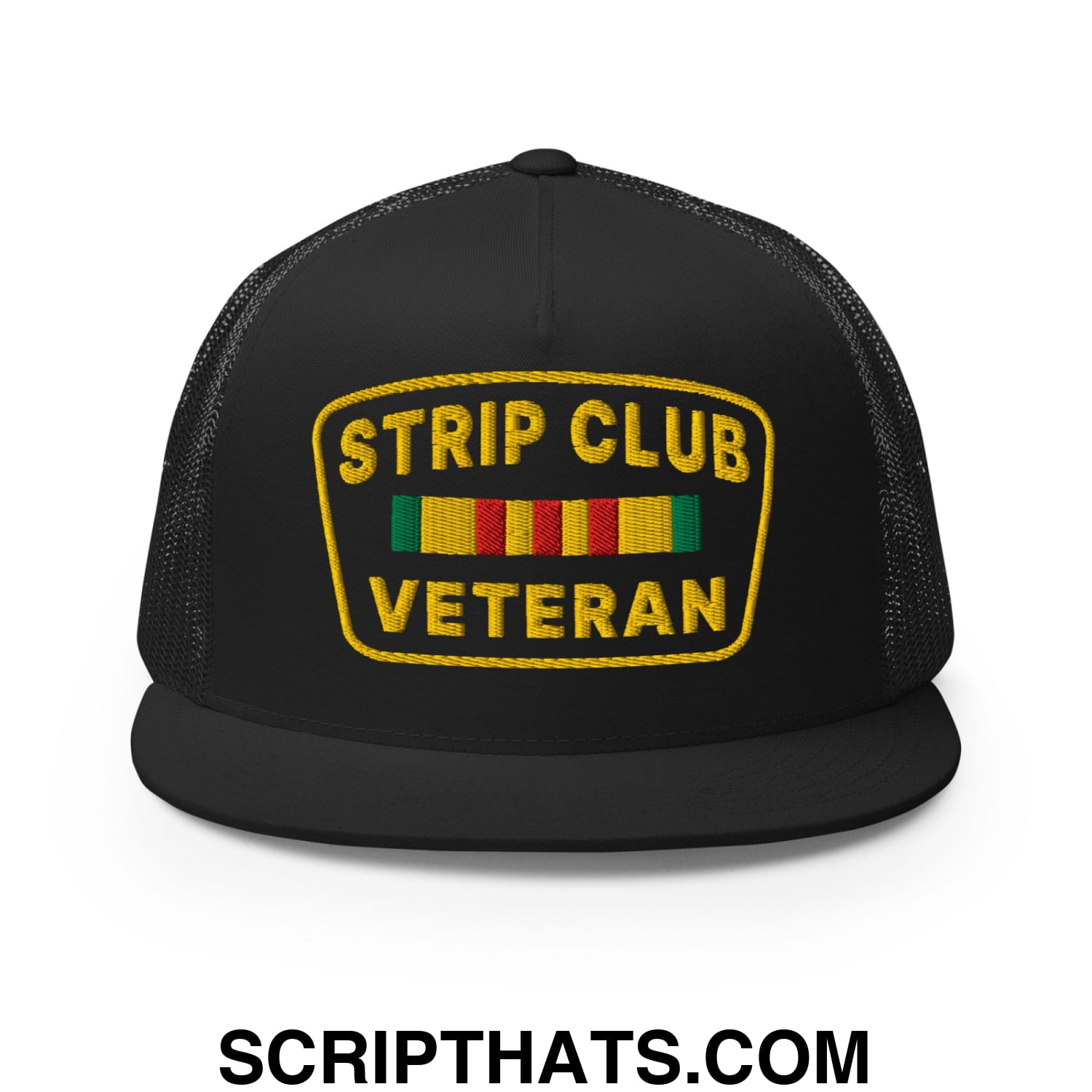 Strip Club Veteran Embroidered Flat Bill Brim Mesh Trucker Hat Black