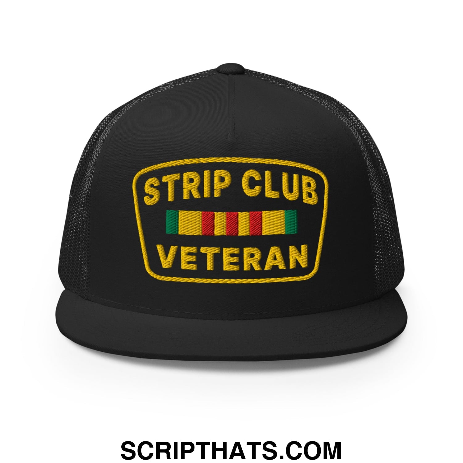 Strip Club Veteran Embroidered Flat Bill Brim Mesh Trucker Hat Black