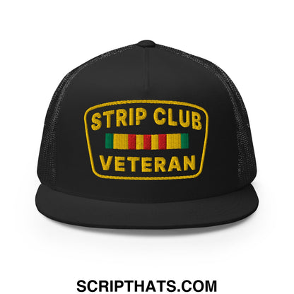 Strip Club Veteran Embroidered Flat Bill Brim Mesh Trucker Hat Black
