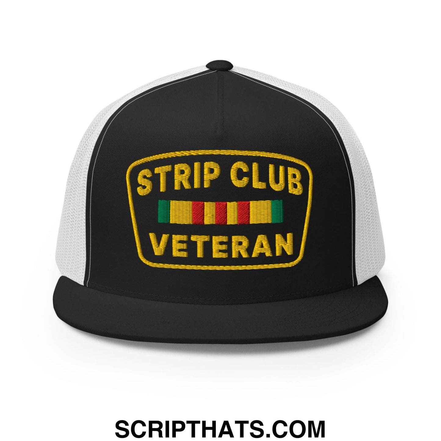 Strip Club Veteran Embroidered Flat Bill Brim Mesh Trucker Hat Black White