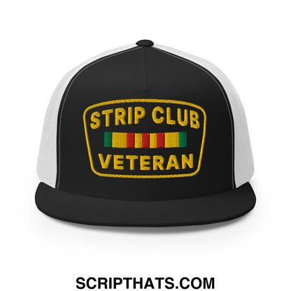 Strip Club Veteran Embroidered Flat Bill Brim Mesh Trucker Hat Black White