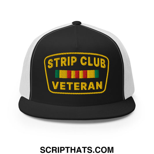 Strip Club Veteran Embroidered Flat Bill Brim Mesh Trucker Hat Black White