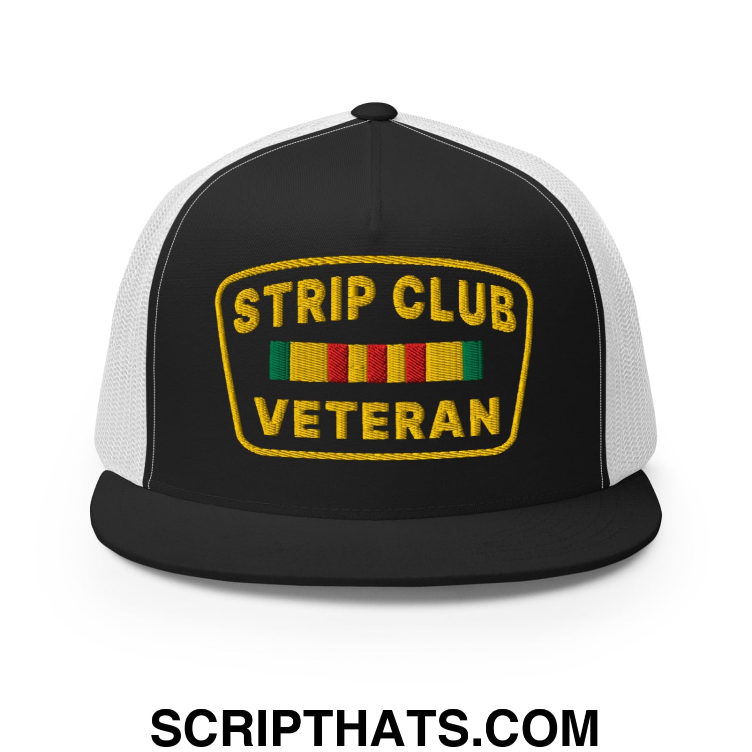 Strip Club Veteran Embroidered Flat Bill Brim Mesh Trucker Hat Black White