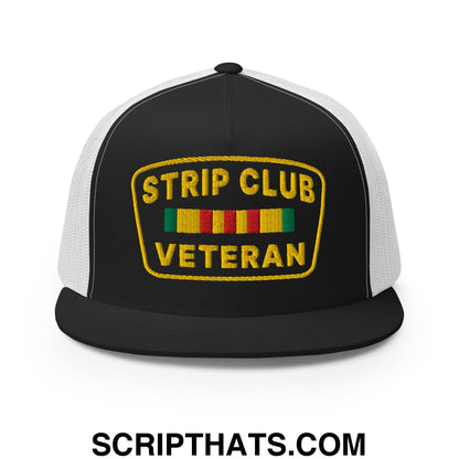 Strip Club Veteran Embroidered Flat Bill Brim Mesh Trucker Hat Black White