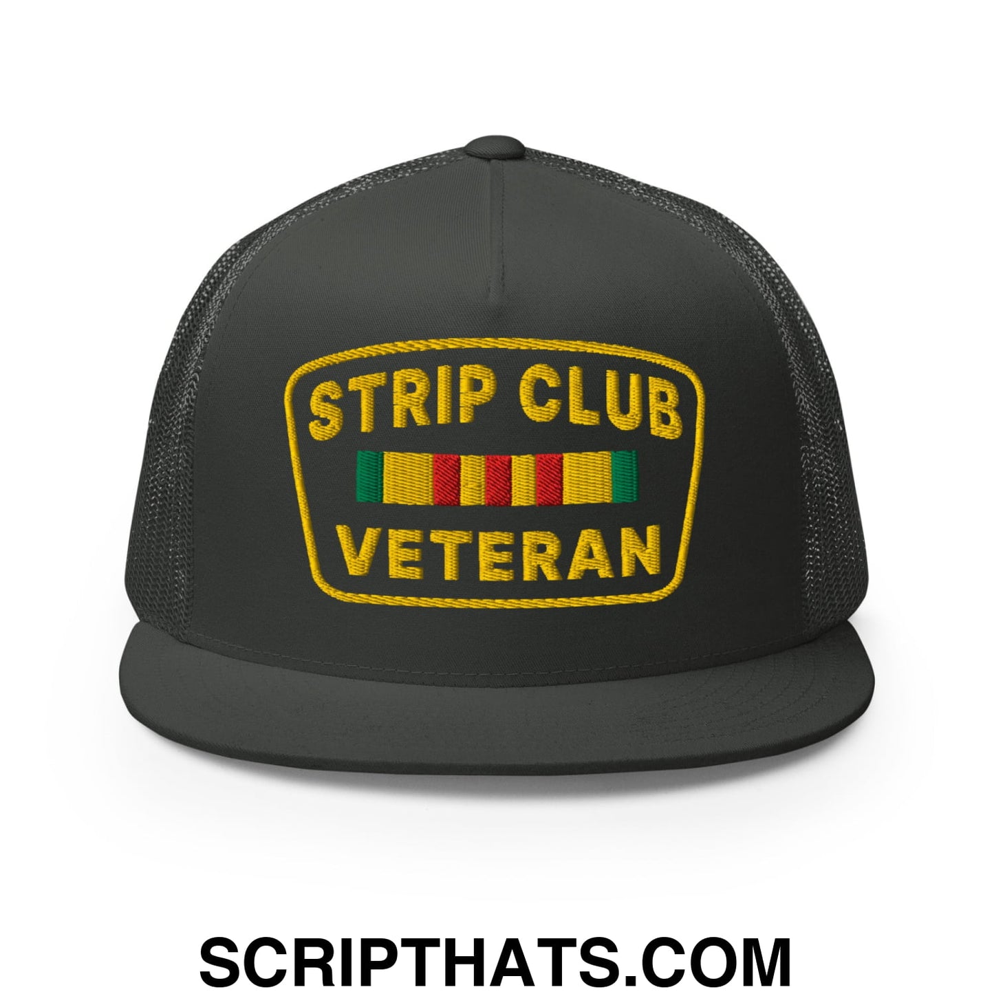 Strip Club Veteran Embroidered Flat Bill Brim Mesh Trucker Hat Charcoal