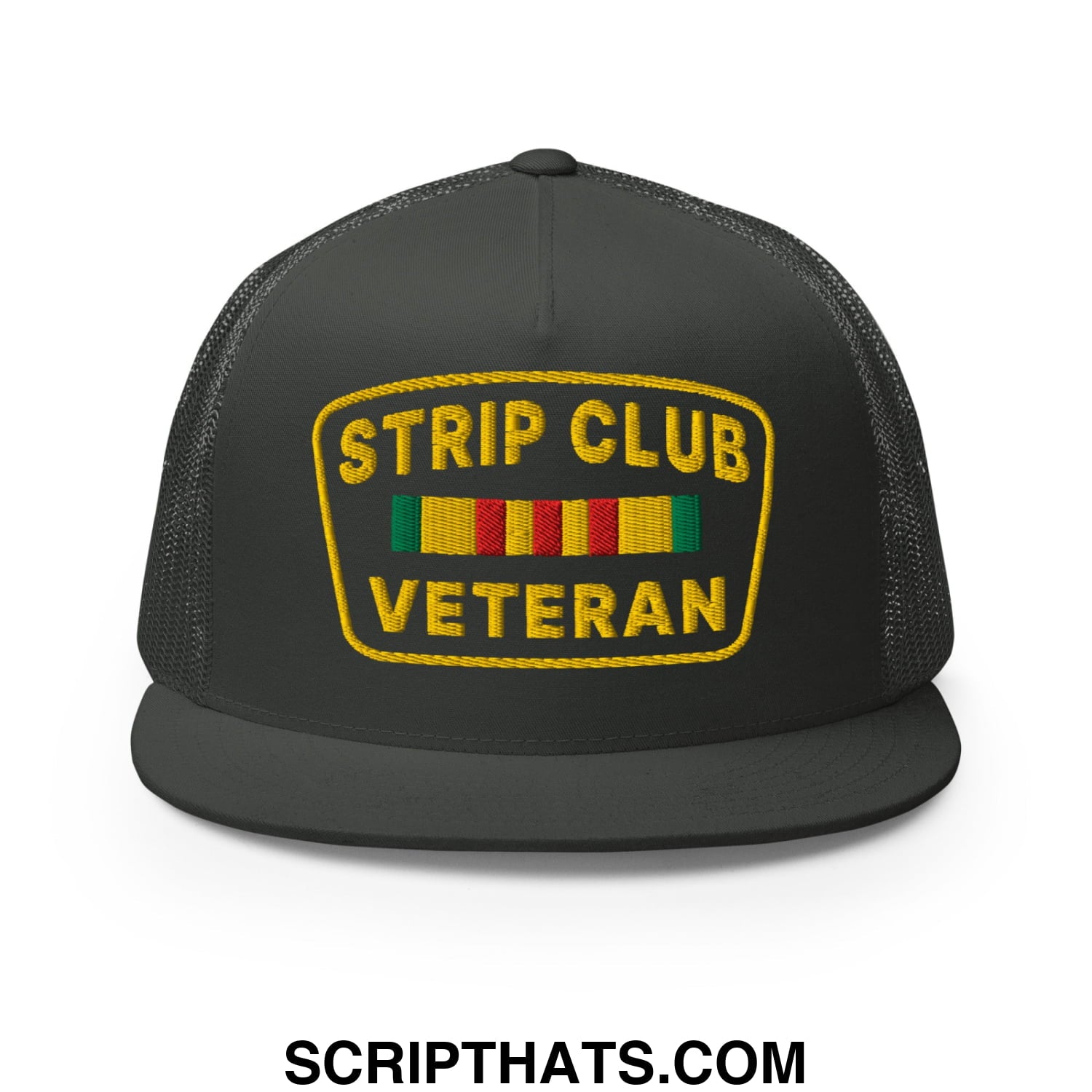 Strip Club Veteran Embroidered Flat Bill Brim Mesh Trucker Hat Charcoal