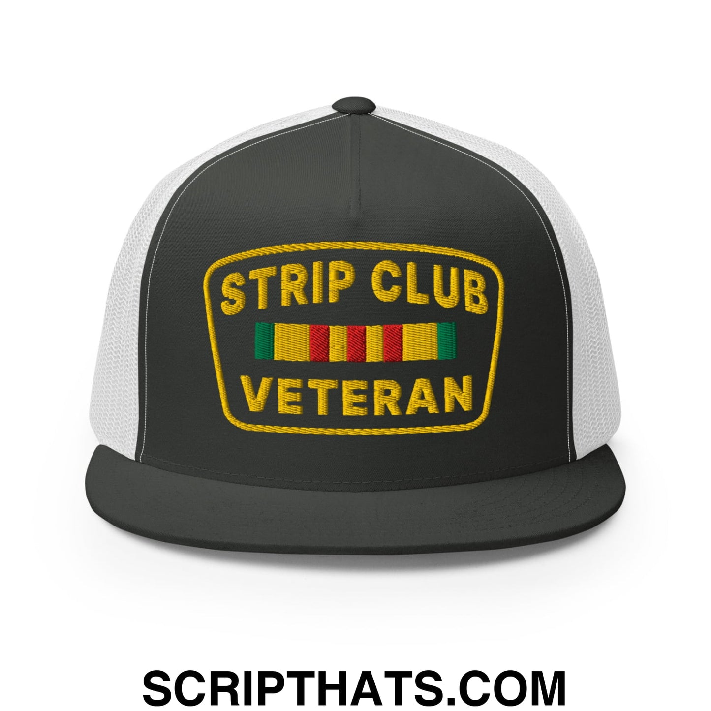 Strip Club Veteran Embroidered Flat Bill Brim Mesh Trucker Hat Charcoal White