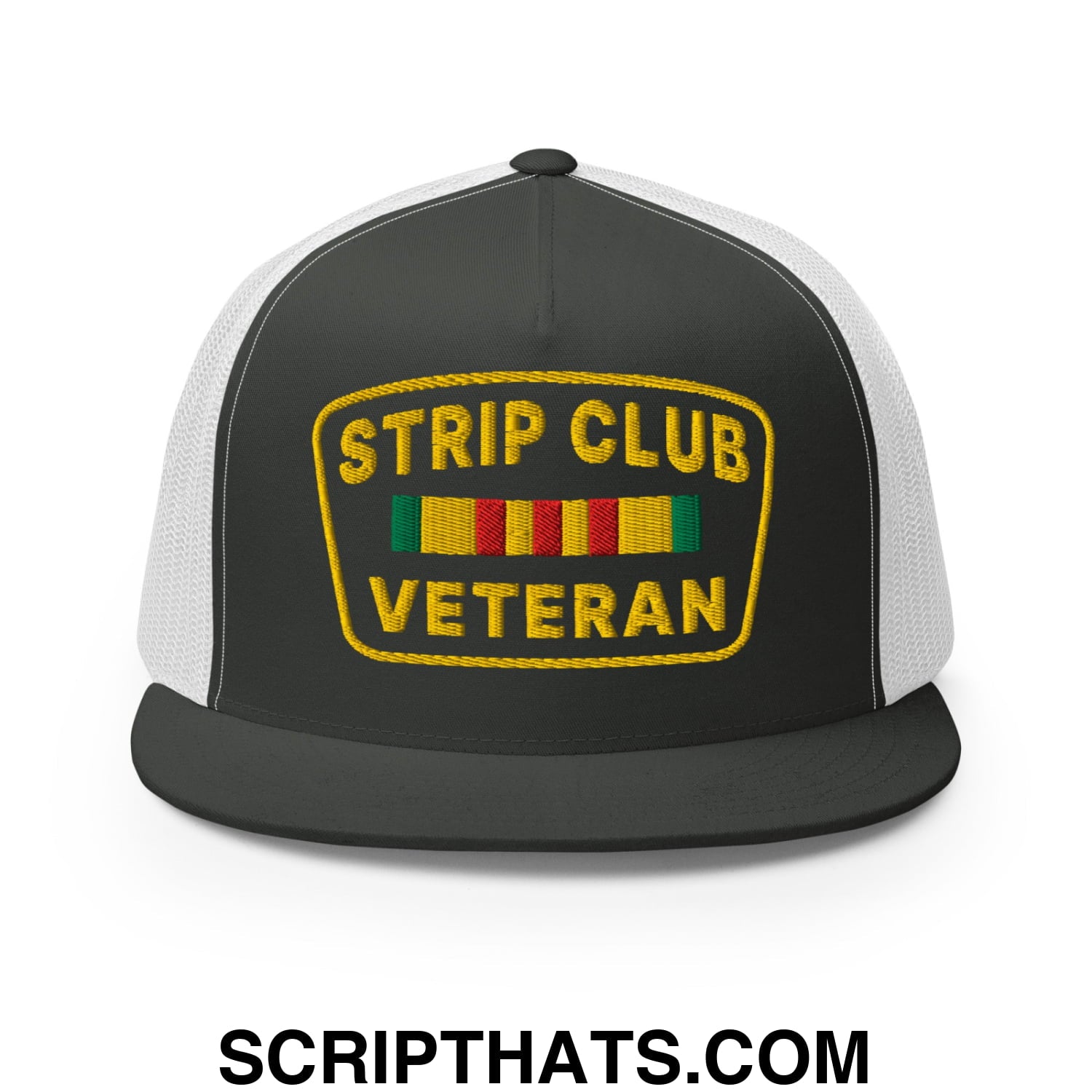 Strip Club Veteran Embroidered Flat Bill Brim Mesh Trucker Hat Charcoal White