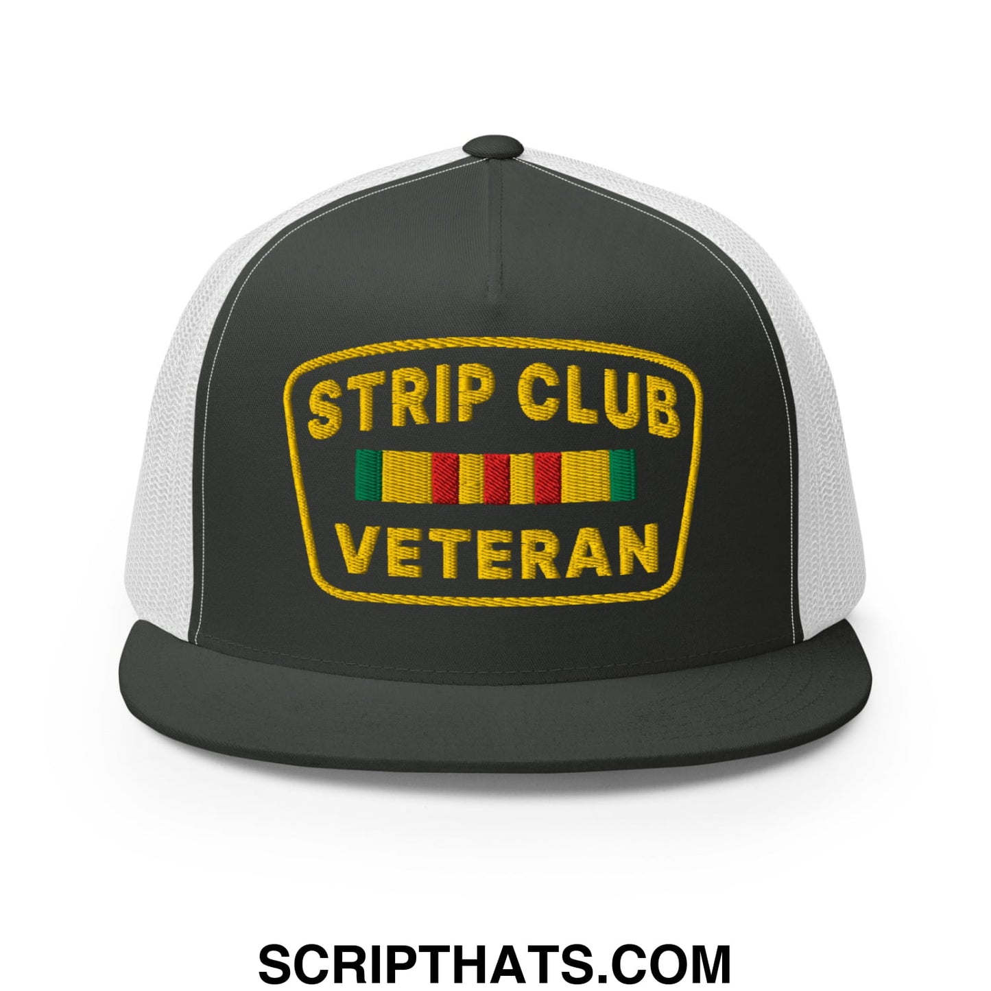 Strip Club Veteran Embroidered Flat Bill Brim Mesh Trucker Hat Charcoal White