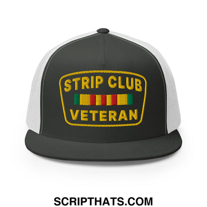 Strip Club Veteran Embroidered Flat Bill Brim Mesh Trucker Hat Charcoal White