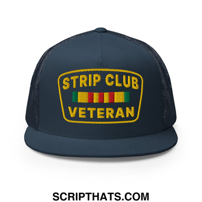 Strip Club Veteran Embroidered Flat Bill Brim Mesh Trucker Hat Navy