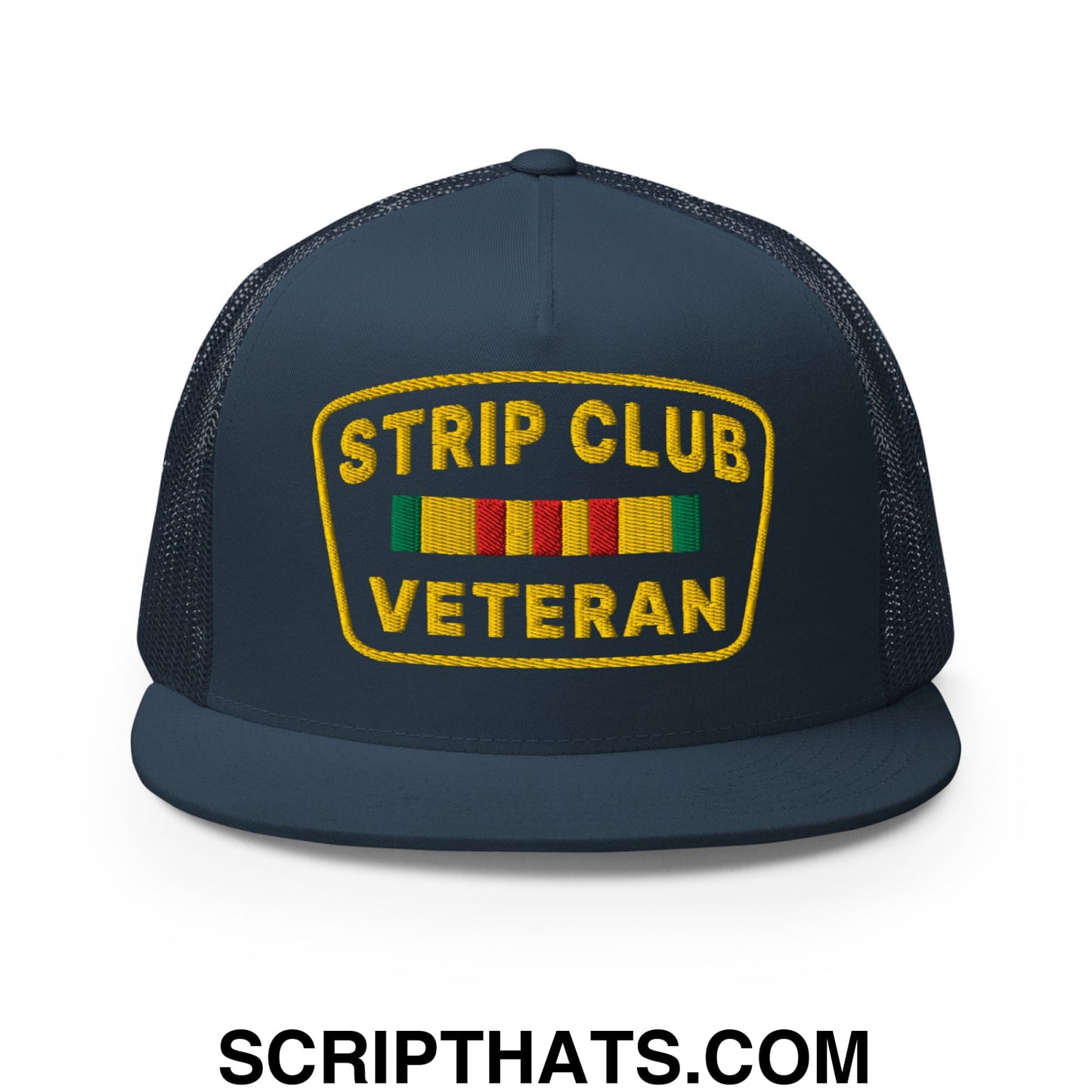 Strip Club Veteran Embroidered Flat Bill Brim Mesh Trucker Hat Navy