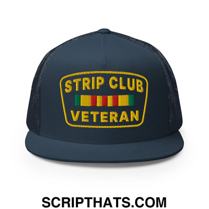Strip Club Veteran Embroidered Flat Bill Brim Mesh Trucker Hat Navy