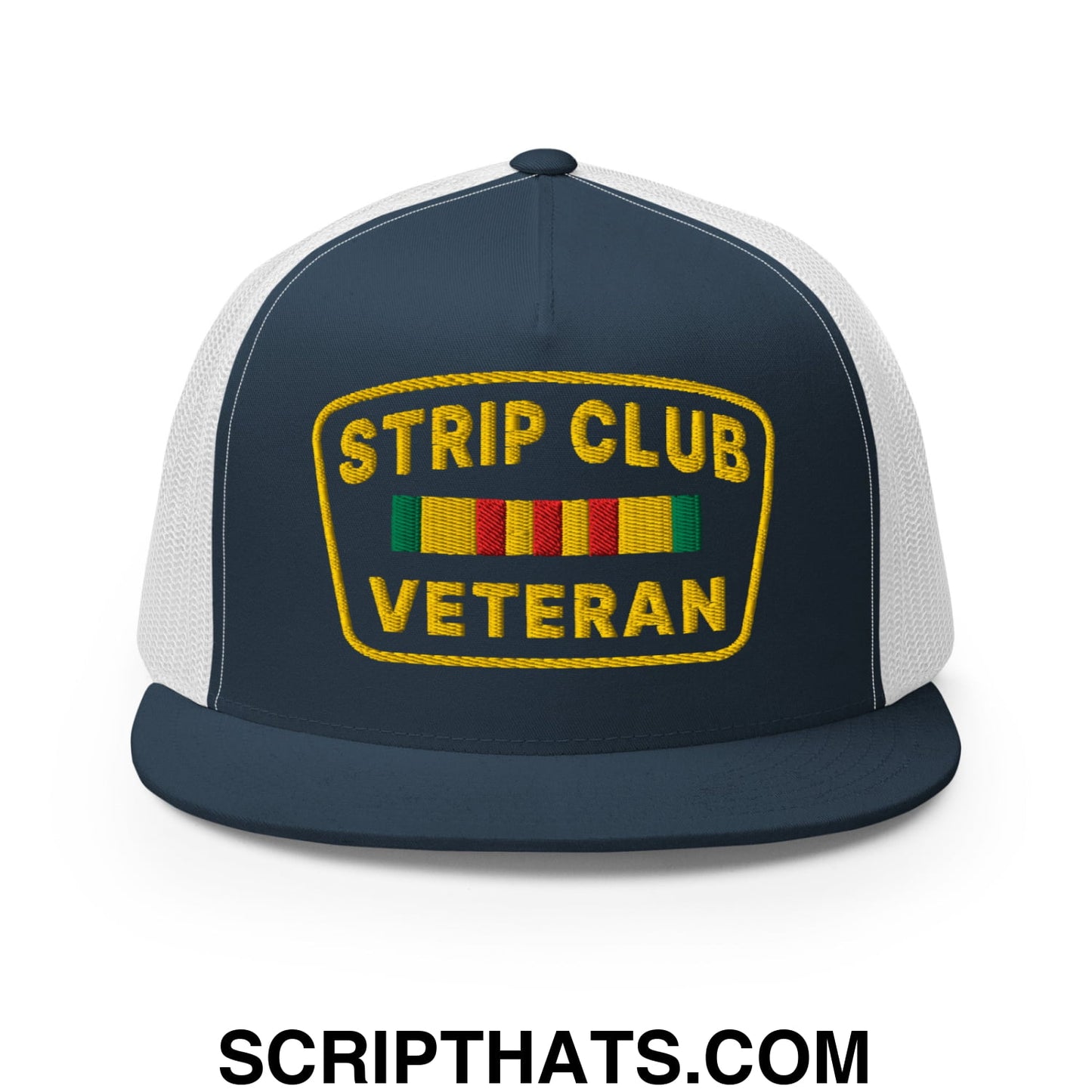 Strip Club Veteran Embroidered Flat Bill Brim Mesh Trucker Hat Navy White