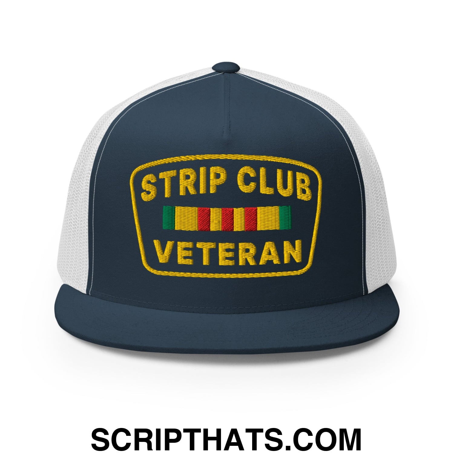 Strip Club Veteran Embroidered Flat Bill Brim Mesh Trucker Hat Navy White
