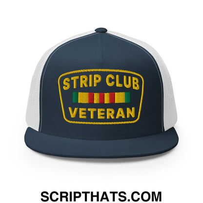 Strip Club Veteran Embroidered Flat Bill Brim Mesh Trucker Hat Navy White