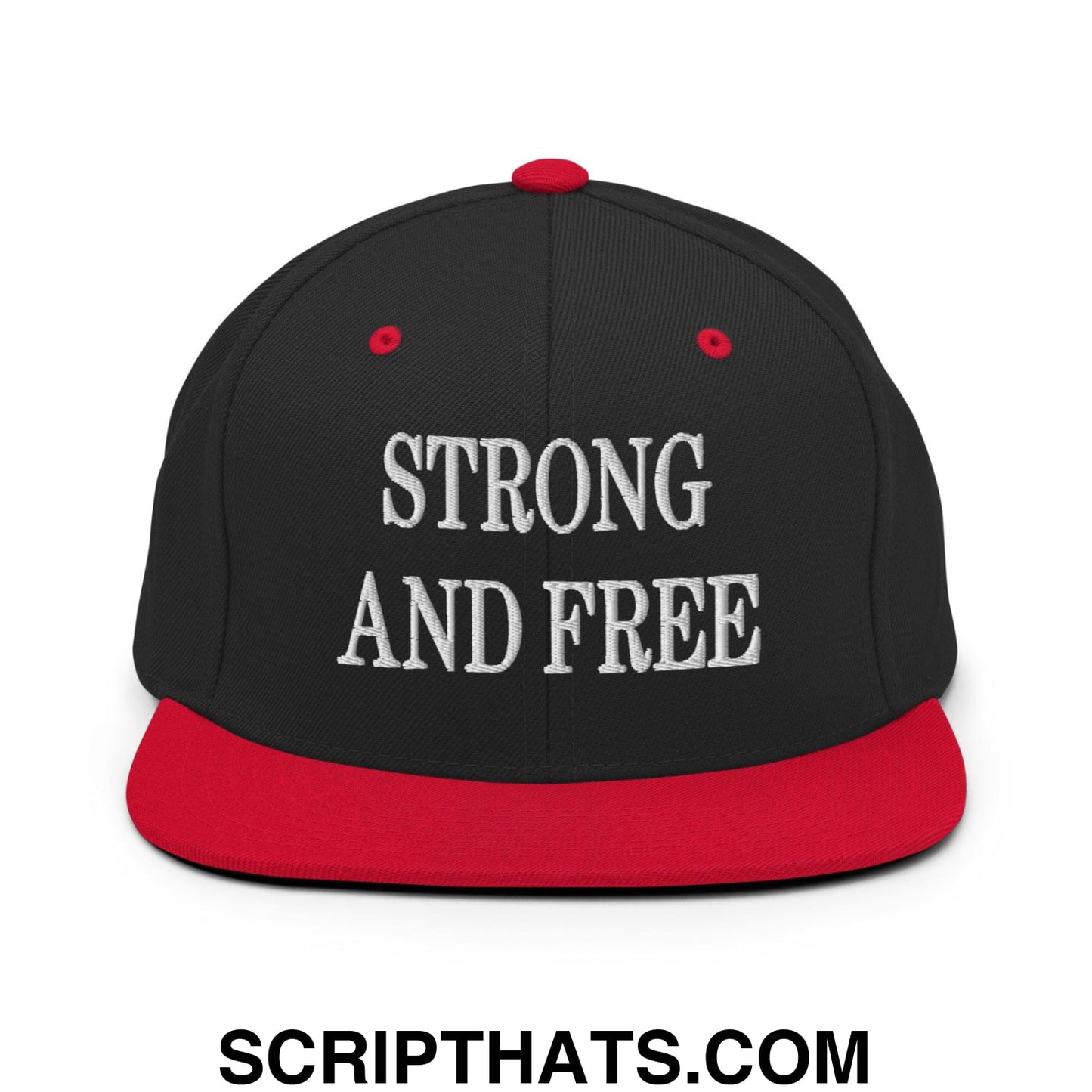 Strong and Free Embroidered Flat Bill Brim Snapback Hat Black Red