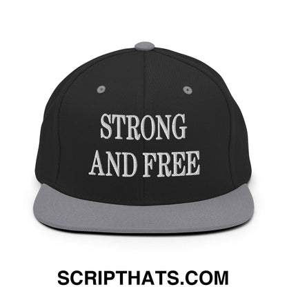 Strong and Free Embroidered Flat Bill Brim Snapback Hat Black Silver