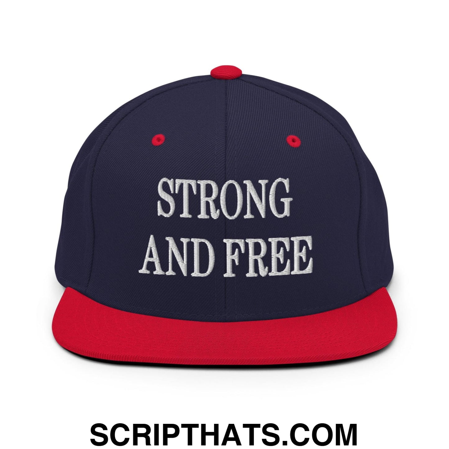 Strong and Free Embroidered Flat Bill Brim Snapback Hat Navy Red