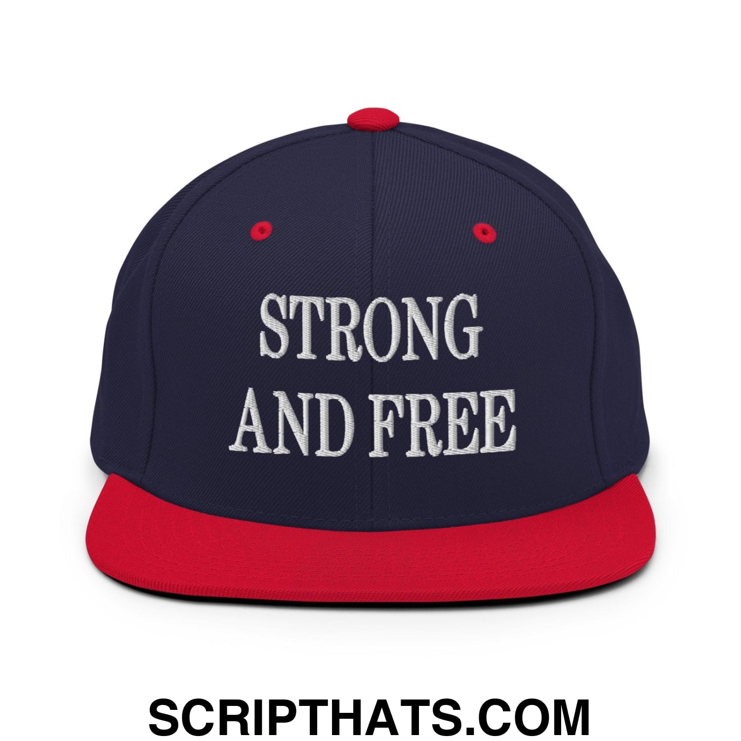 Strong and Free Embroidered Flat Bill Brim Snapback Hat Navy Red