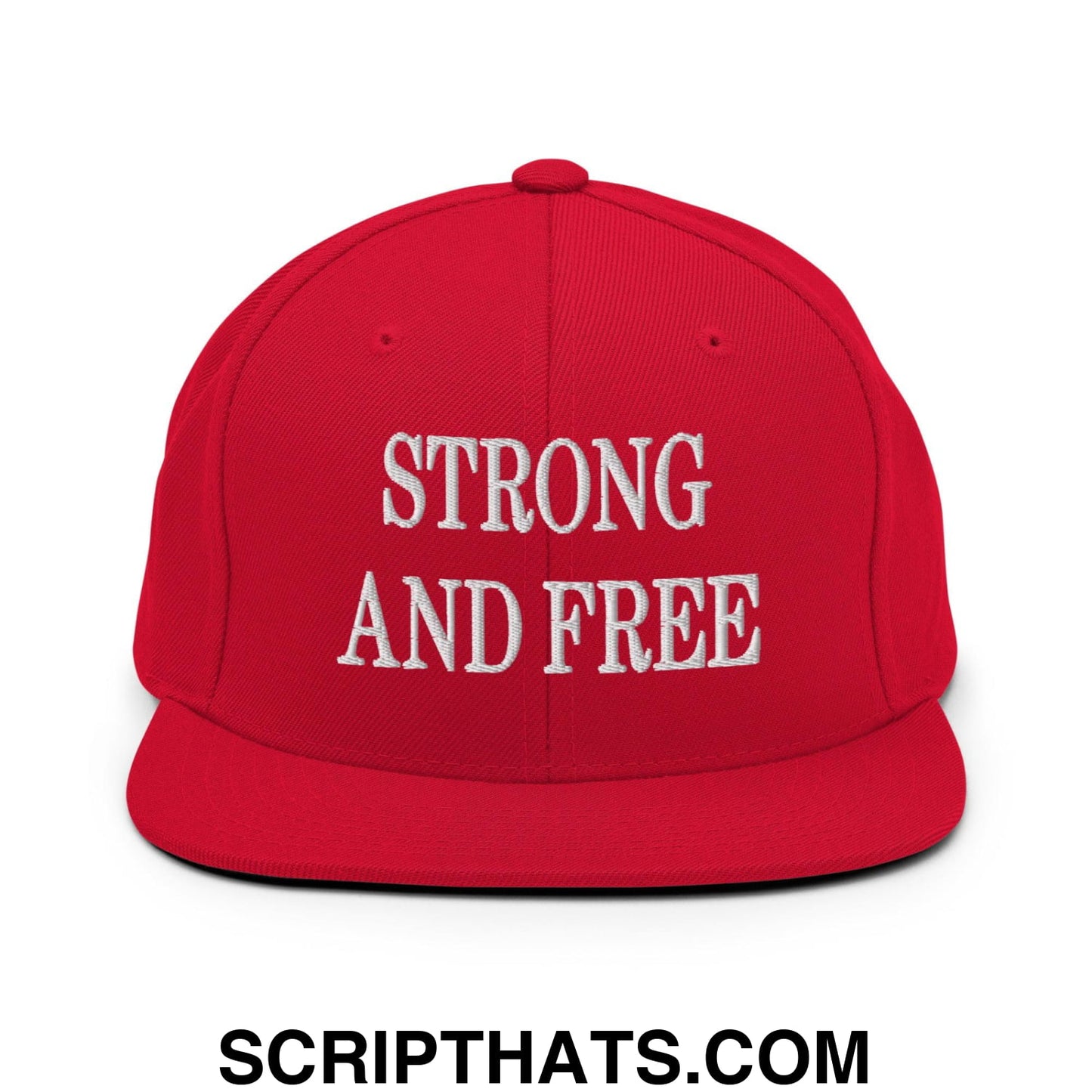 Strong and Free Embroidered Flat Bill Brim Snapback Hat Red