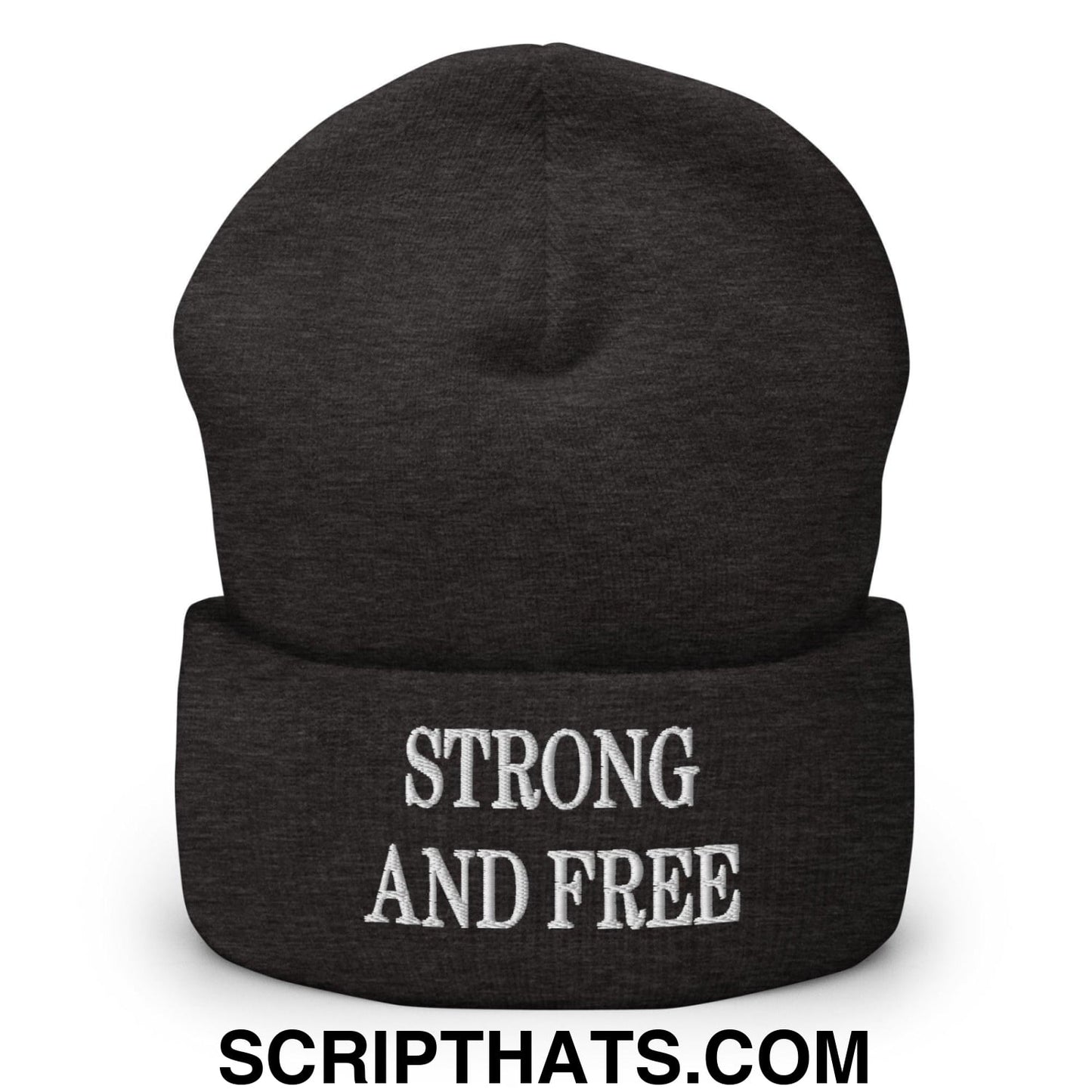 Strong and Free Embroidered Knit Cuffed Beanie Dark Grey