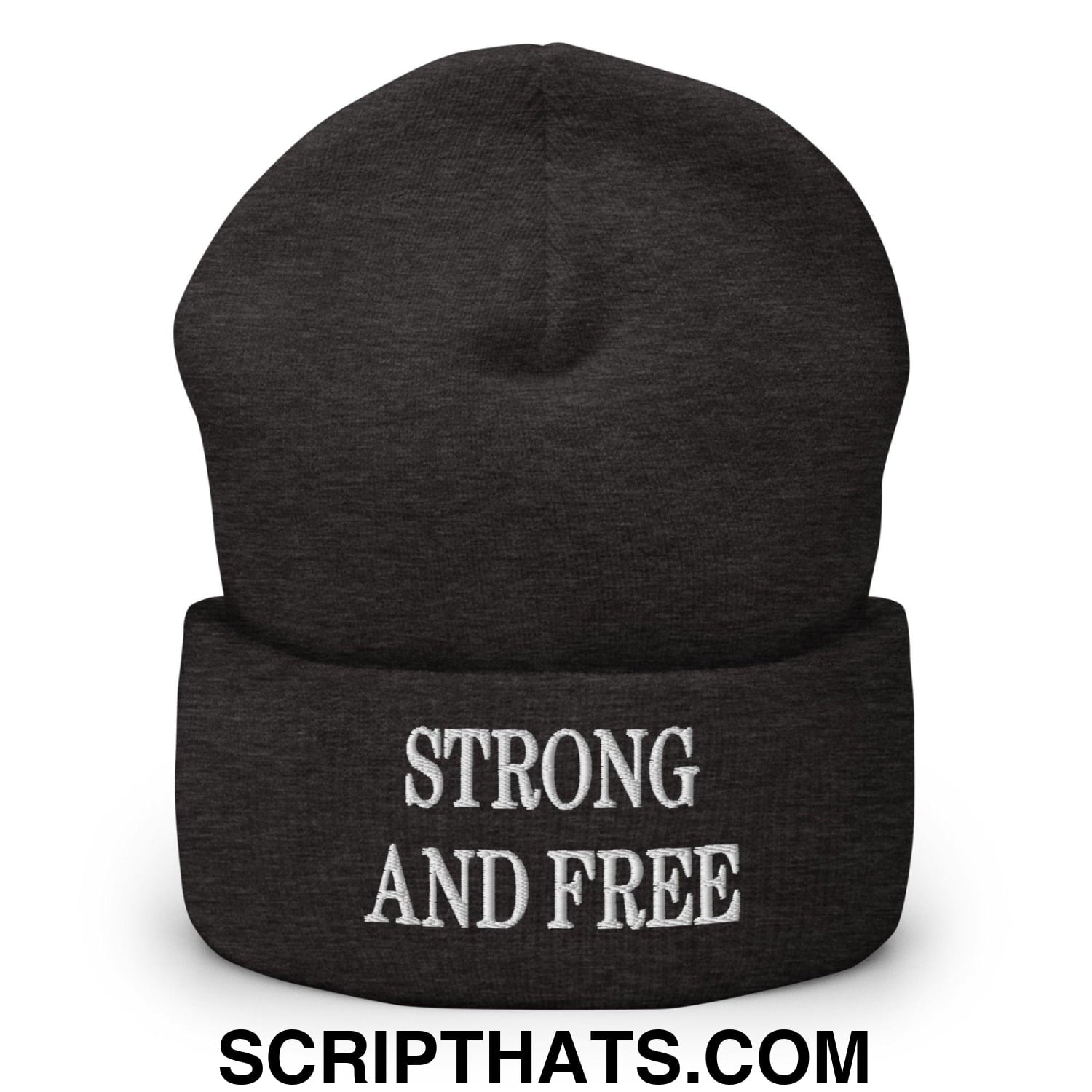 Strong and Free Embroidered Knit Cuffed Beanie Dark Grey