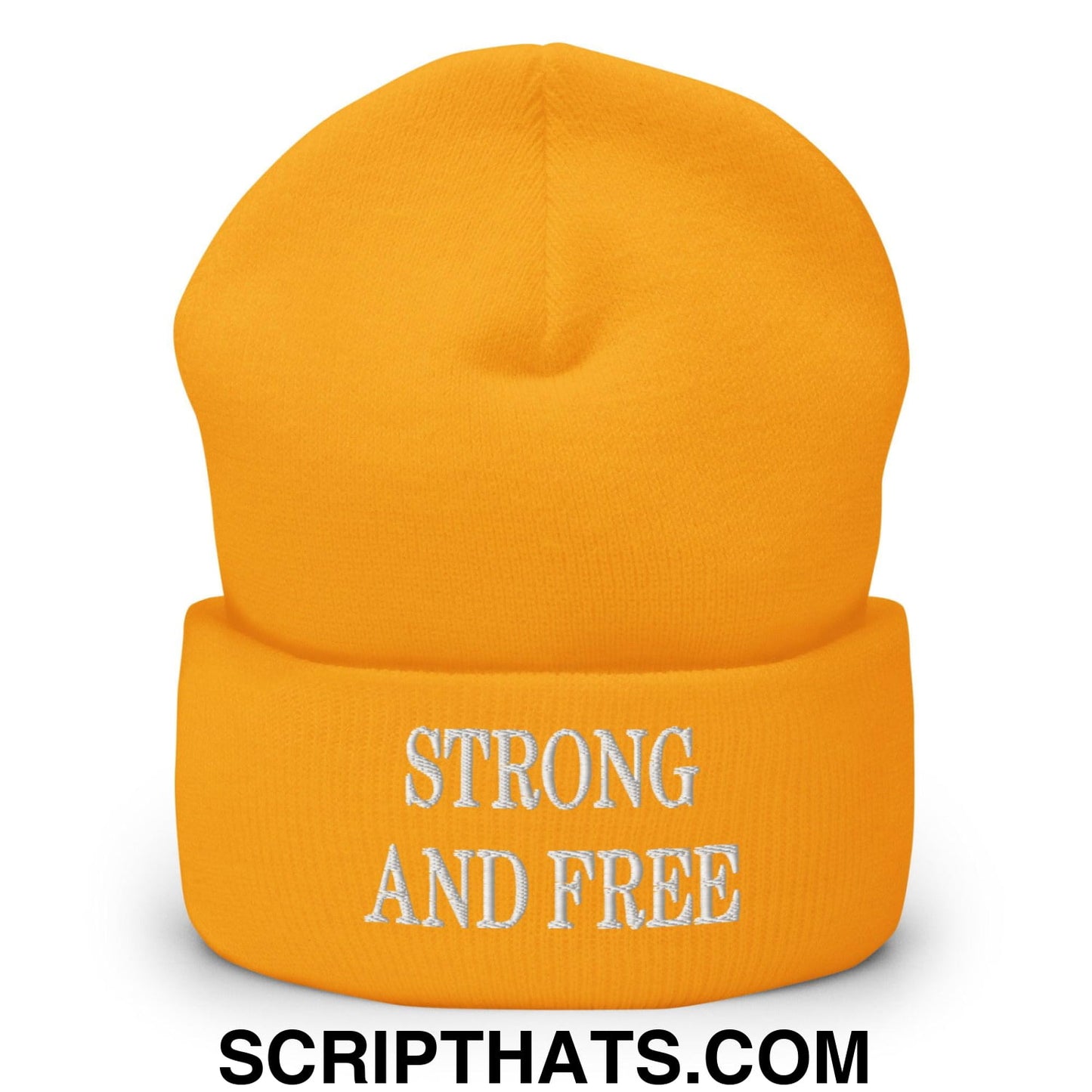 Strong and Free Embroidered Knit Cuffed Beanie Gold
