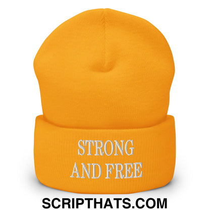 Strong and Free Embroidered Knit Cuffed Beanie Gold