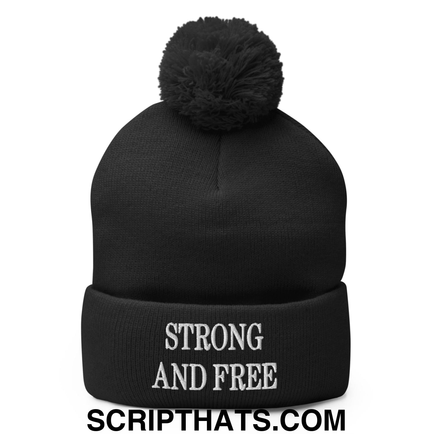 Strong and Free Embroidered Knit Pom Pom Beanie Black