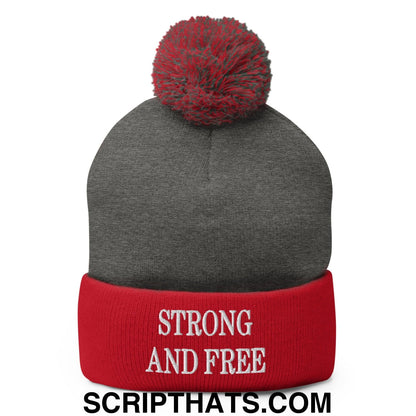 Strong and Free Embroidered Knit Pom Pom Beanie Dark Heather Grey Red