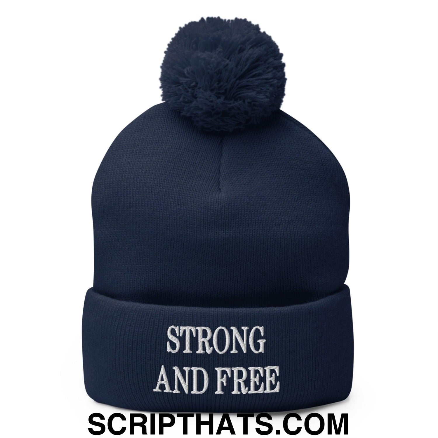 Strong and Free Embroidered Knit Pom Pom Beanie Navy