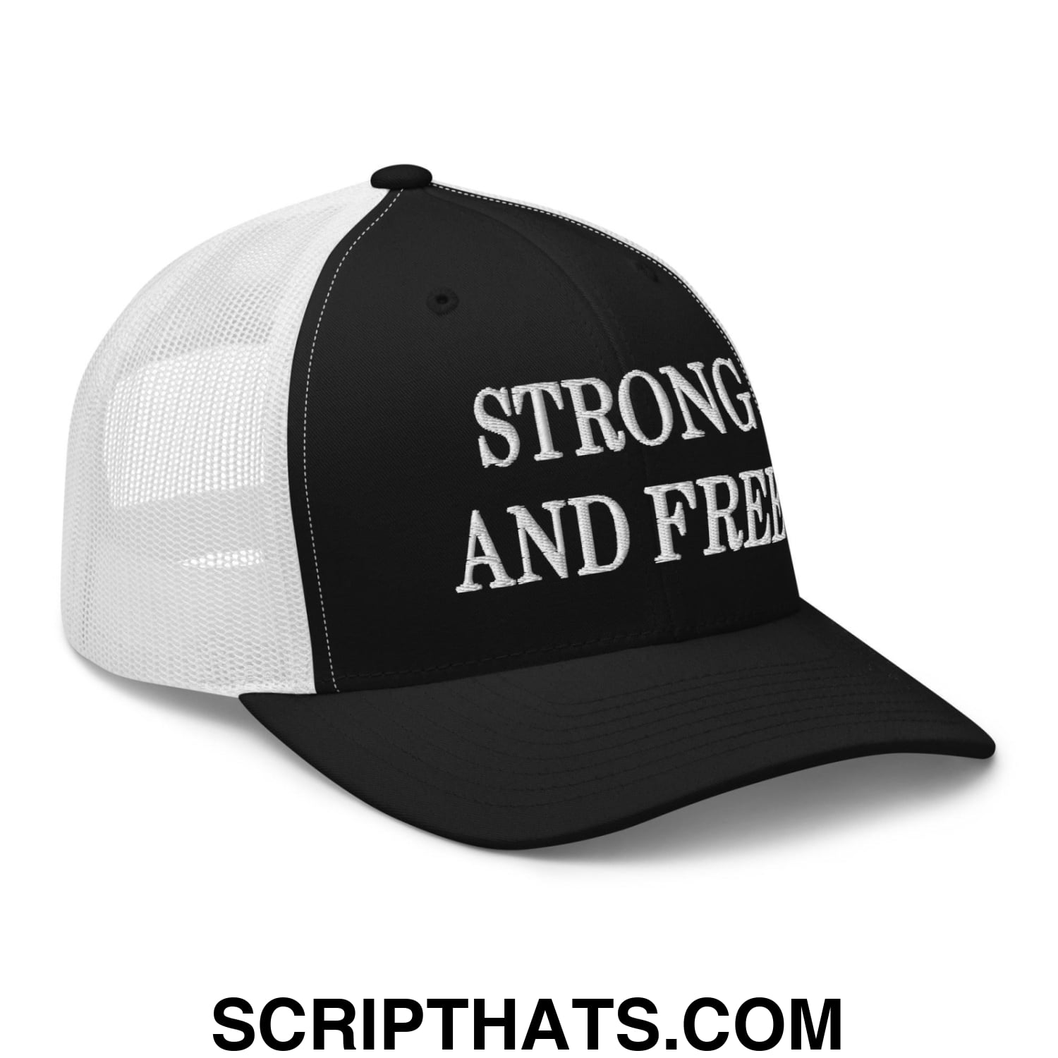 Strong and Free Embroidered Mesh Trucker Hat Black White