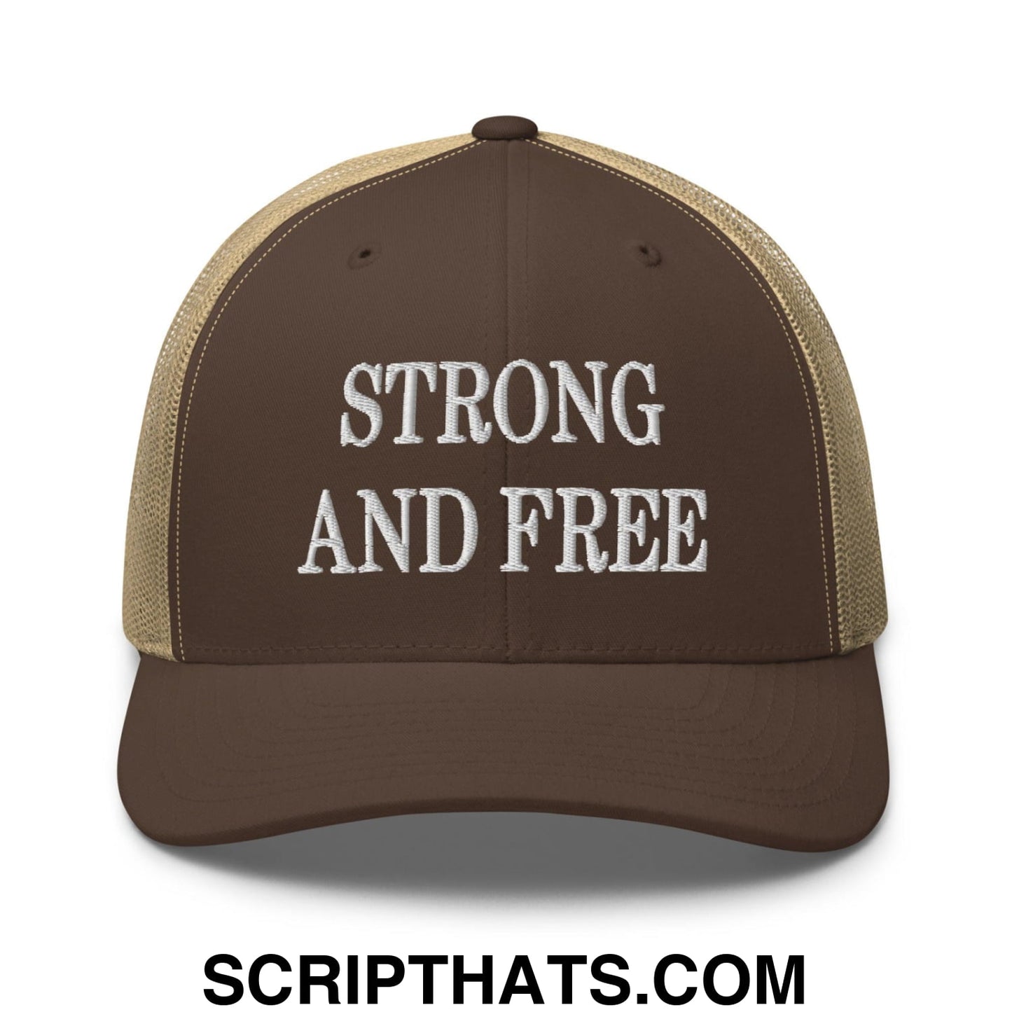 Strong and Free Embroidered Mesh Trucker Hat Brown Khaki
