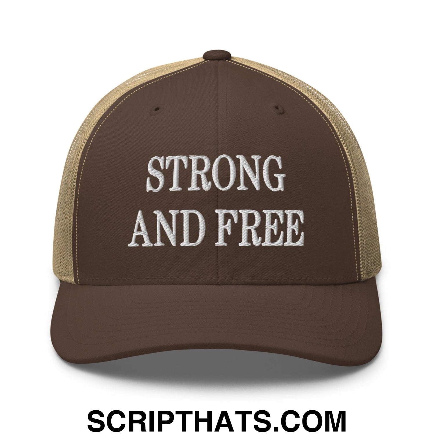 Strong and Free Embroidered Mesh Trucker Hat Brown Khaki