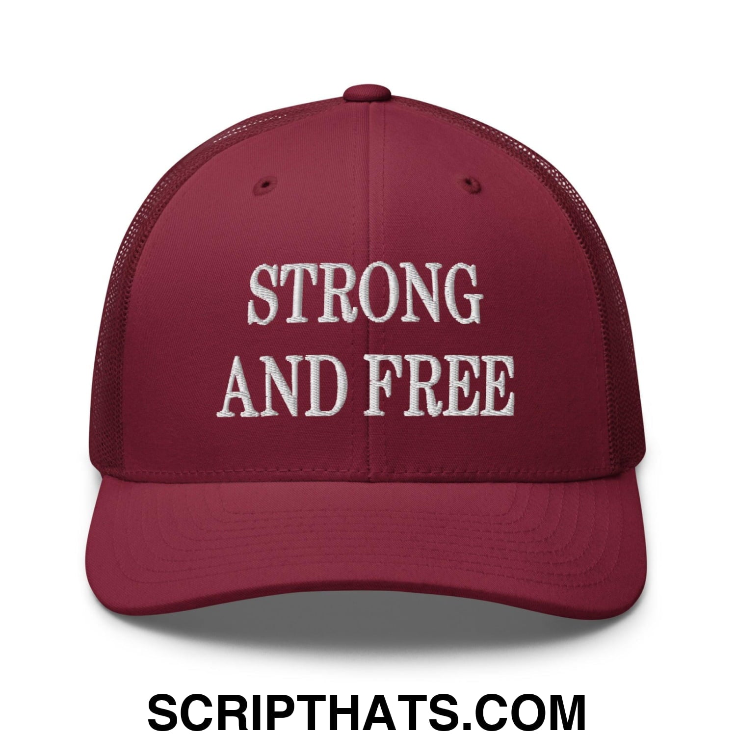 Strong and Free Embroidered Mesh Trucker Hat Cranberry
