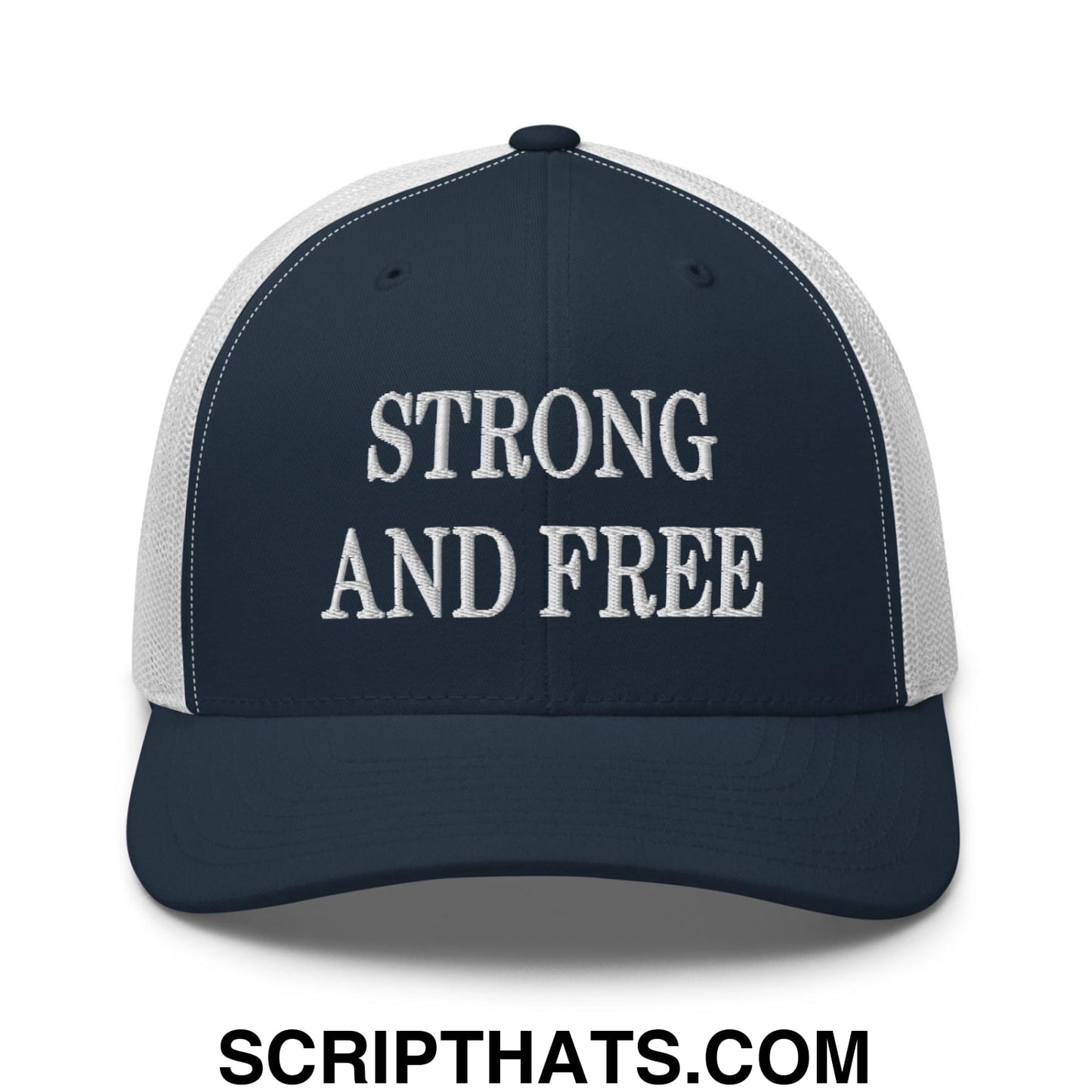 Strong and Free Embroidered Mesh Trucker Hat Navy White